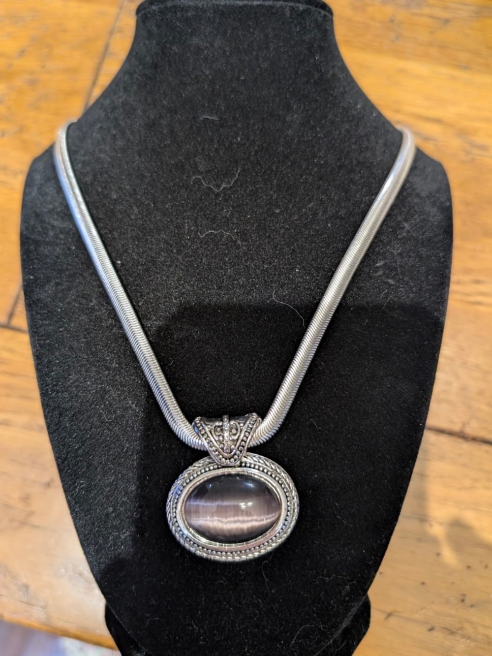 Ladies Silver Toned Necklace with a Violet Tiger Eye Stone
